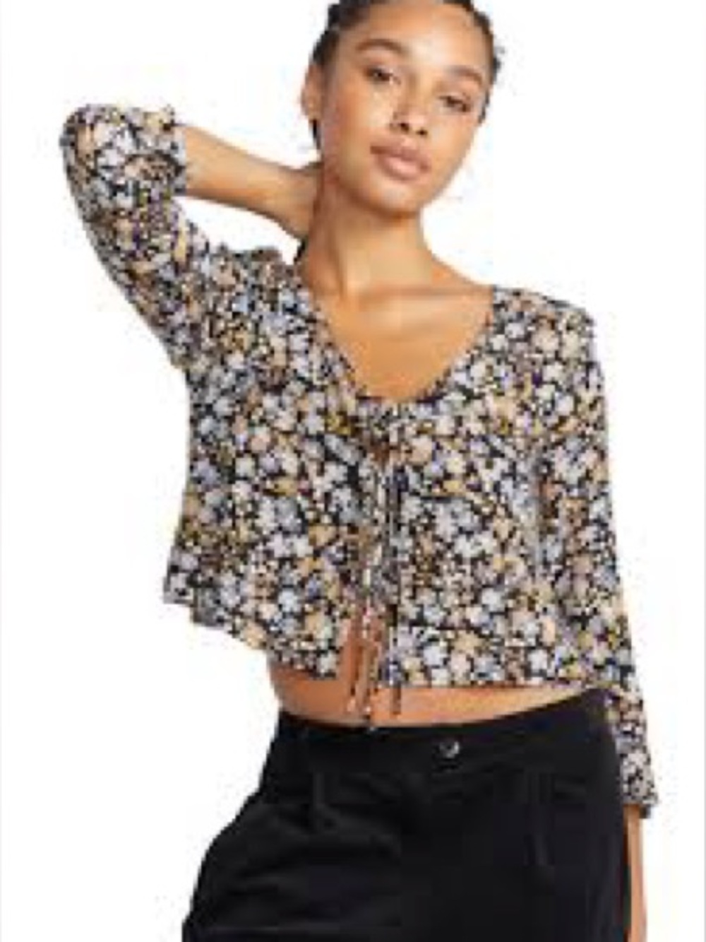 Volcom Black Floral Tie-Front Blouse with Yellow and White Accents